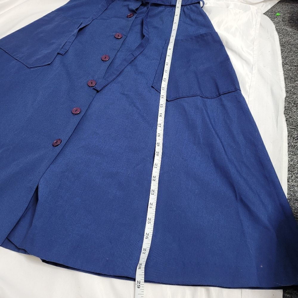 VINTAGE 70s skirt button up navy blue elastic waist fit and flare‎ midi S - Picture 7 of 8